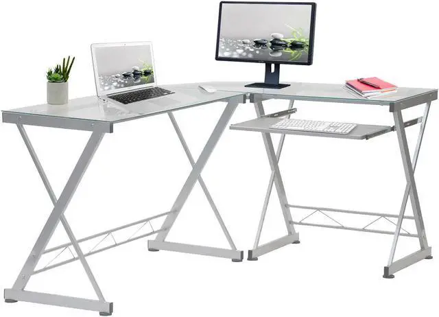 Alt view image 11 of 18 - Deluxe Ergonomic L-Shaped Computer Desk Workstation - Clear Tempered Glass