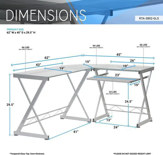 Alt view image 14 of 18 - Deluxe Ergonomic L-Shaped Computer Desk Workstation - Clear Tempered Glass