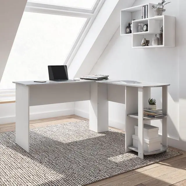 Alt view image 13 of 20 - Techni Mobili Modern L-Shaped Computer Desk with Side Shelves, Workstation Table with Particle Board Panels and Woodgrain Laminate Surface, Grey