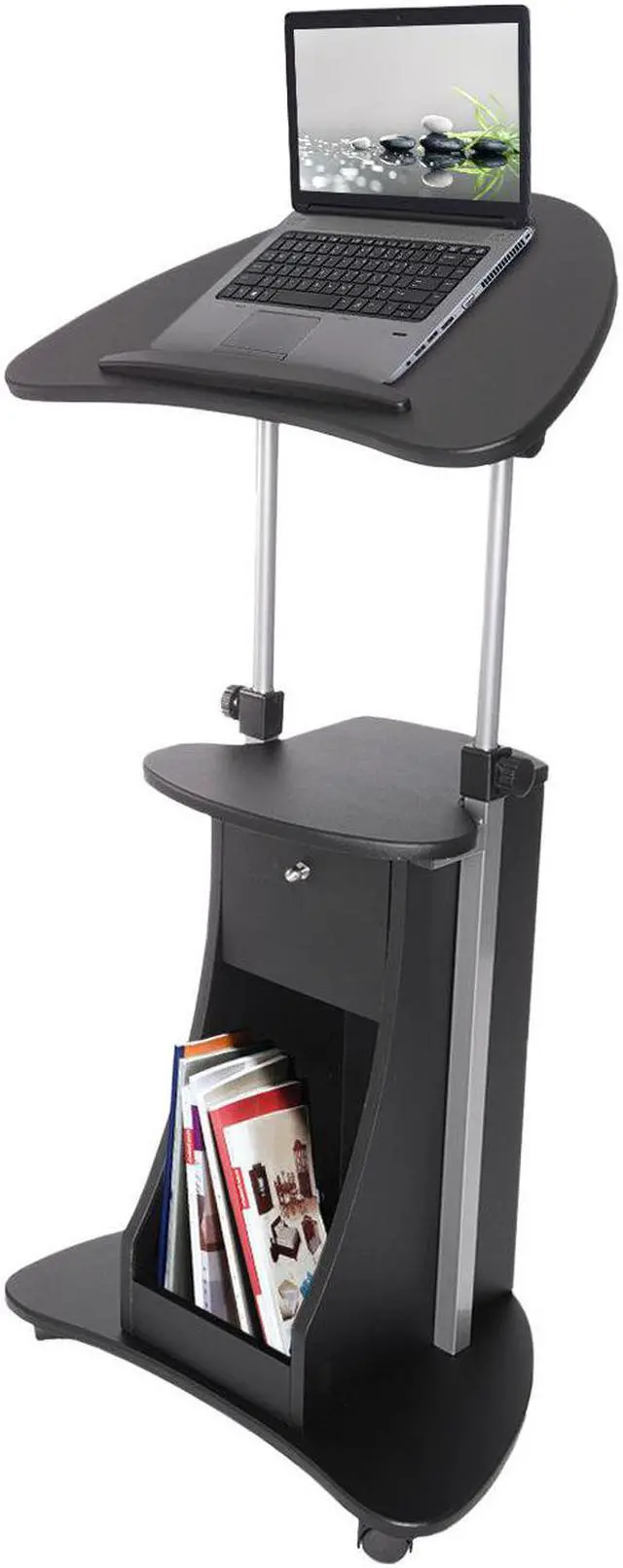 Alt view image 16 of 19 - Techni Mobili Sit-to-Stand Rolling Laptop Holder With Storage, Laptop Stand with Height Adjustable and Non Marking Caster Wheels, Black