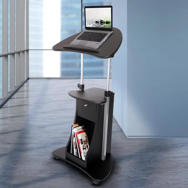 Alt view image 14 of 19 - Techni Mobili Sit-to-Stand Rolling Laptop Holder With Storage, Laptop Stand with Height Adjustable and Non Marking Caster Wheels, Black