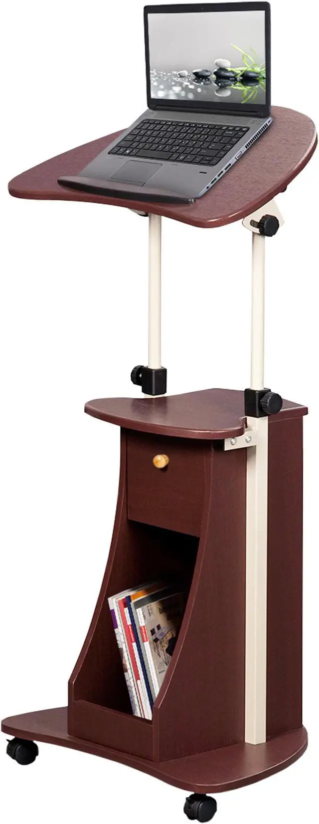 Alt view image 5 of 16 - Techni Mobili Sit-to-Stand Rolling Laptop Holder With Storage, Laptop Stand with Height Adjustable and Non Marking Caster Wheels, Chocolate