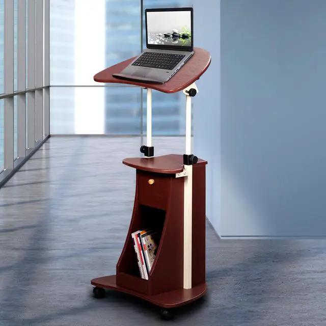 Alt view image 8 of 16 - Techni Mobili Sit-to-Stand Rolling Laptop Holder With Storage, Laptop Stand with Height Adjustable and Non Marking Caster Wheels, Chocolate
