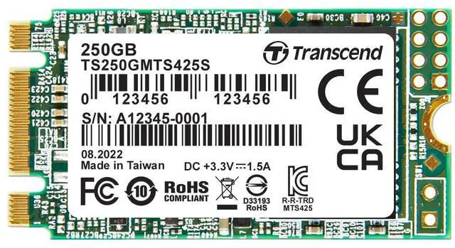 Main image of Transcend 250GB M.2 2242 SATA III SSD, Up to 500MB/s, Compatible with Ultrabook, Laptop, PC, Desktop, 3D TLC NAND Flash Internal Solid State Drive, LDPC Error Correction, SLC Cache, B+M Key - MTS425S