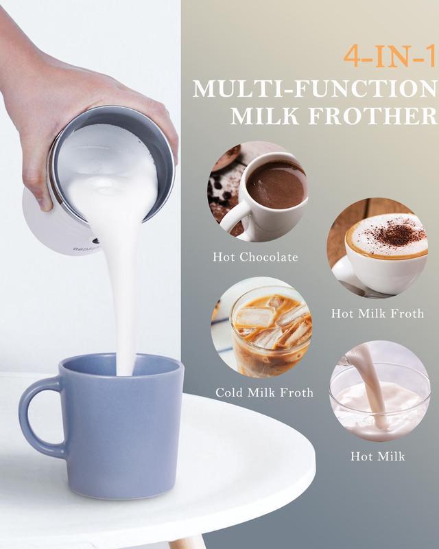 Milk Frother, Milk Frother and Steamer, Non-Slip Stainless Coffee Frother,4  IN 1 Hot & Cold Foam Maker with Temperature Control, Auto Frother for Coffee,  Latte, Cappuccino, Macchiato, White