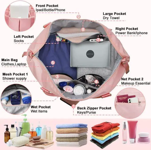 Alt view image 3 of 6 - Pink Gym Bag with Shoe Compartment for Women Girls Kids Carry On Bags With Wet Pockets, Waterproof Cute Travel Duffle Bags With 7 Separate Pockets for Tote Weekender Overnight Gymnastics Bag