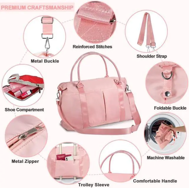 Alt view image 4 of 6 - Pink Gym Bag with Shoe Compartment for Women Girls Kids Carry On Bags With Wet Pockets, Waterproof Cute Travel Duffle Bags With 7 Separate Pockets for Tote Weekender Overnight Gymnastics Bag