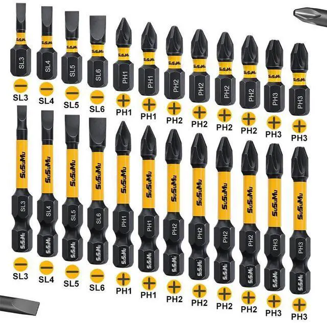 Main image of SUSUMU Impact Phillips Head Set 24pcs (SL3-SL6&PH1-PH3), 2.5cm/1"&5cm/2" S2 Alloy Steel Screwdriver bit set
