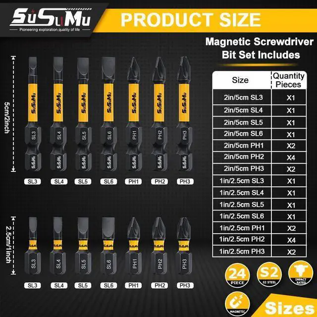 Alt view image 2 of 7 - SUSUMU Impact Phillips Head Set 24pcs (SL3-SL6&PH1-PH3), 2.5cm/1"&5cm/2" S2 Alloy Steel Screwdriver bit set