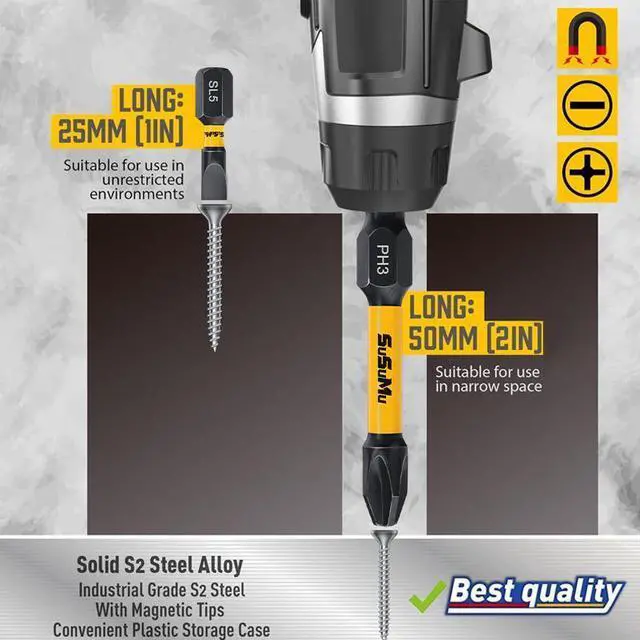 Alt view image 5 of 7 - SUSUMU Impact Phillips Head Set 24pcs (SL3-SL6&PH1-PH3), 2.5cm/1"&5cm/2" S2 Alloy Steel Screwdriver bit set