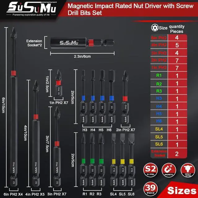 Alt view image 2 of 7 - SUSUMU 39PC Magnetic Impact Cross Drill Bit Shaped Slotted Groove Square Hexagon Plug-in Drill Bit 1 2 3 4 6 Inch Anti Slip Long Screwdriver Bit Set