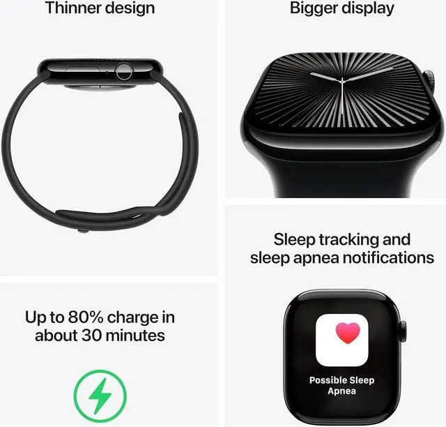 Alt view image 4 of 5 - Apple Watch Series 10 [GPS + Cellular 42mm] Jet Black Aluminum Case with Black Sport Band-Grade A