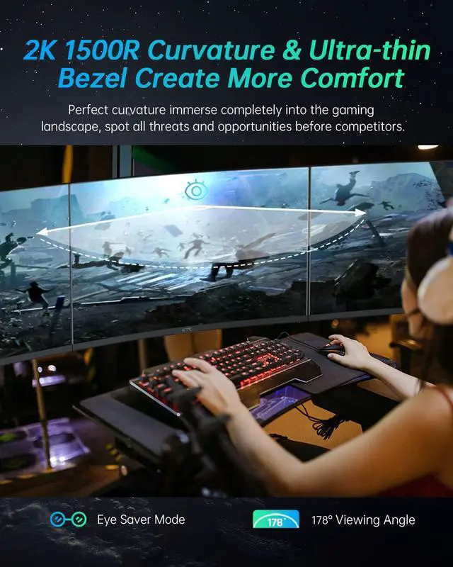 Alt view image 3 of 7 - KTC 27 2K 165Hz, 144Hz Gaming Monitor 1440P Curved Monitor 1500R 1ms, FreeSync Premium/G-Sync, DisplayPort/HDMI/USB, Vesa/Wall Mount Computer Monitor, Desktop PC Monitor, Ultrawide