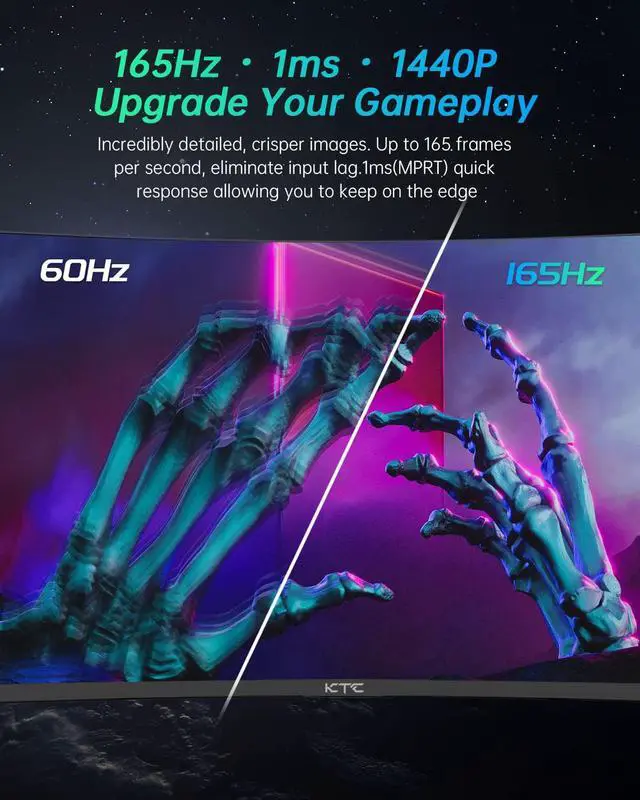 Alt view image 2 of 7 - KTC 27 2K 165Hz, 144Hz Gaming Monitor 1440P Curved Monitor 1500R 1ms, FreeSync Premium/G-Sync, DisplayPort/HDMI/USB, Vesa/Wall Mount Computer Monitor, Desktop PC Monitor, Ultrawide