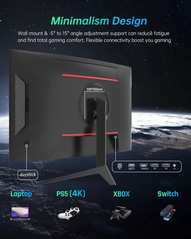 Alt view image 6 of 7 - KTC 27 2K 165Hz, 144Hz Gaming Monitor 1440P Curved Monitor 1500R 1ms, FreeSync Premium/G-Sync, DisplayPort/HDMI/USB, Vesa/Wall Mount Computer Monitor, Desktop PC Monitor, Ultrawide
