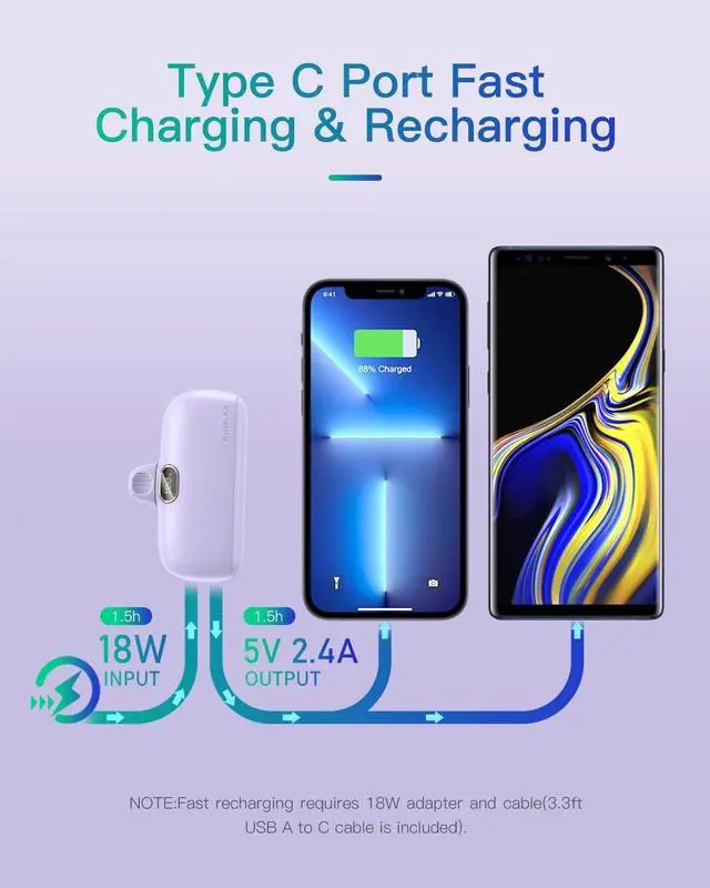 Alt view image 2 of 7 - Kuulaa Portable Charger with Built-in Lightning Cable 5000mAh Small iPhone Fast Charging Mini Portable Phone Charger for iPhone 14/13/13 Pro/12/12 Pro/11/XR/XS/X/8/7/6, Purple