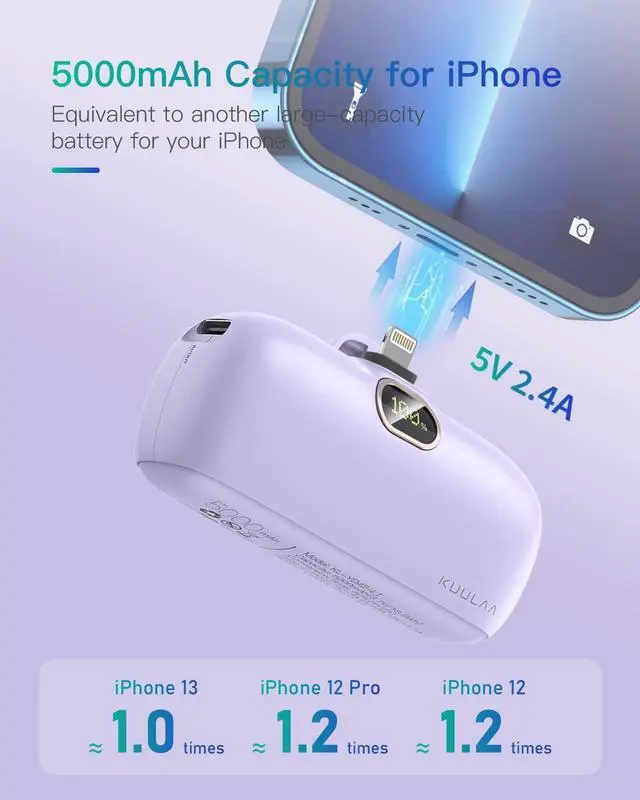 Alt view image 3 of 7 - Kuulaa Portable Charger with Built-in Lightning Cable 5000mAh Small iPhone Fast Charging Mini Portable Phone Charger for iPhone 14/13/13 Pro/12/12 Pro/11/XR/XS/X/8/7/6, Purple