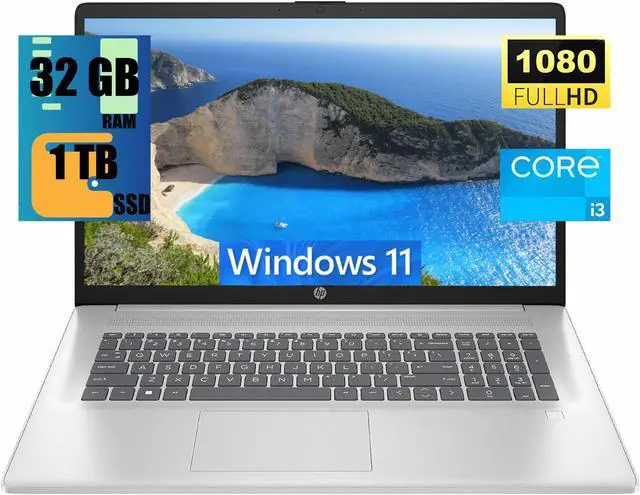 Main image of HP 17 Laptop, 17.3" FHD (1920 x 1080) Display, Intel Core i3-N305 8 Cores Processor, Intel UHD Graphics, 32GB DDR4  1TB PCIe SSD, Webcam, HDMI, Fingerprint Reader, Wi-Fi 6, Windows 11
