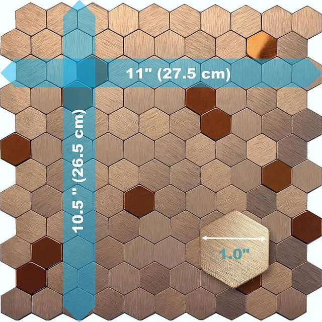 Alt view image 6 of 7 - Peel and Stick Backsplash Moasic Metal Tile Rose Gold Hexagonal 3D Relief 6 Tiles