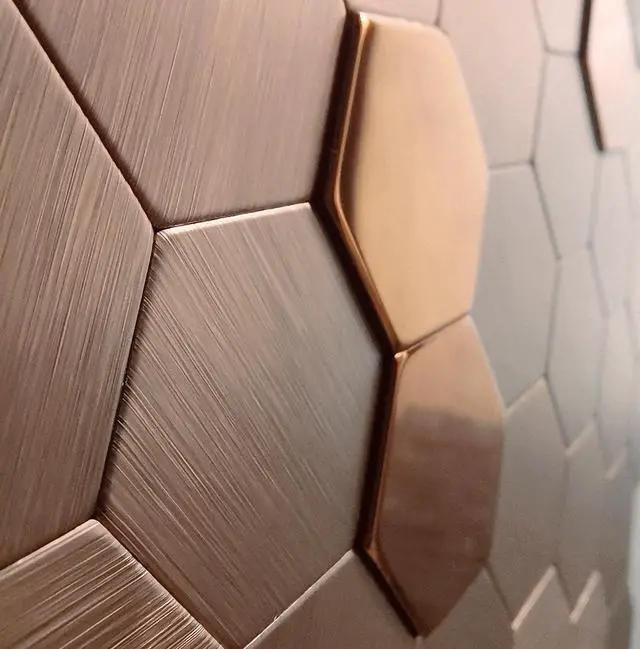 Alt view image 2 of 7 - Peel and Stick Backsplash Moasic Metal Tile Rose Gold Hexagonal 3D Relief 6 Tiles