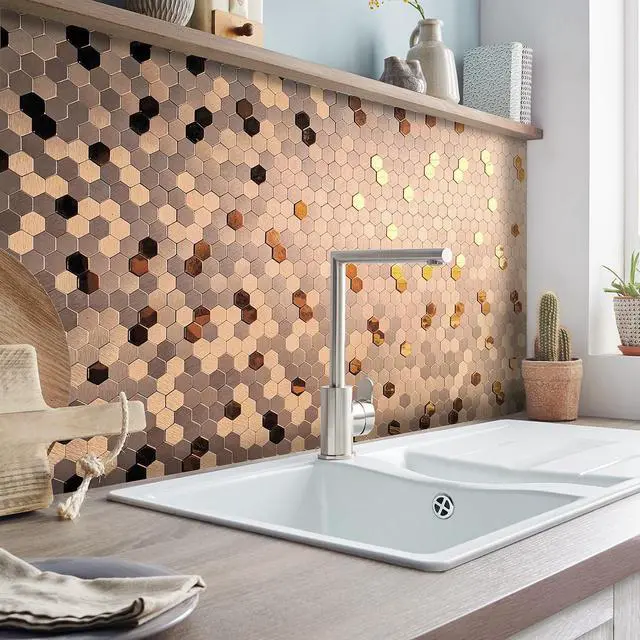 Alt view image 3 of 7 - Peel and Stick Backsplash Moasic Metal Tile Rose Gold Hexagonal 3D Relief 6 Tiles