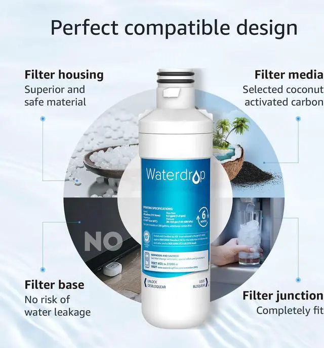 Alt view image 4 of 14 - Waterdrop LT1000PC ADQ747935 MDJ64844601 Refrigerator Water Filter, Replacement for LG® LT1000P®, ADQ74793501, ADQ74793502, Kenmore 46-9980, 9980, LFXC24796S, LSFXC2496D, NSF Certified, Pack of 1