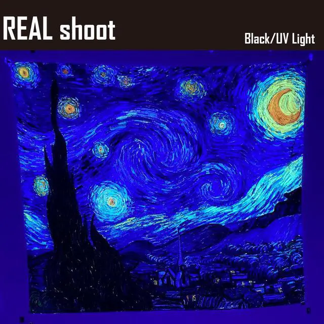 Alt view image 5 of 7 - Blacklight Tapestry Starry Night by Van Gogh Wall Art Decor for Bedroom Aesthetic, Abstract Hippie Trippy Wall Hanging UV Reactive Fabric Poster for Living Room Dorm Décor