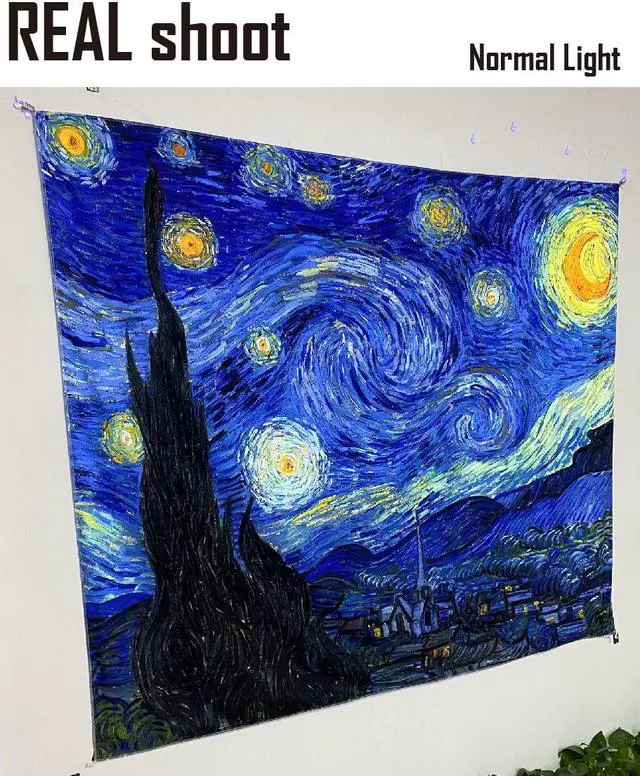 Alt view image 4 of 7 - Blacklight Tapestry Starry Night by Van Gogh Wall Art Decor for Bedroom Aesthetic, Abstract Hippie Trippy Wall Hanging UV Reactive Fabric Poster for Living Room Dorm Décor