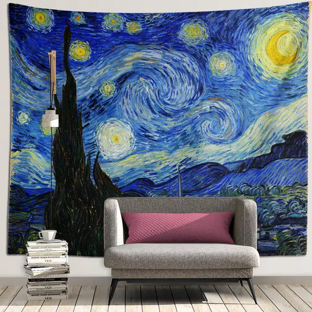Alt view image 2 of 7 - Blacklight Tapestry Starry Night by Van Gogh Wall Art Decor for Bedroom Aesthetic, Abstract Hippie Trippy Wall Hanging UV Reactive Fabric Poster for Living Room Dorm Décor