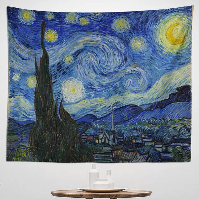 Alt view image 7 of 7 - Blacklight Tapestry Starry Night by Van Gogh Wall Art Decor for Bedroom Aesthetic, Abstract Hippie Trippy Wall Hanging UV Reactive Fabric Poster for Living Room Dorm Décor