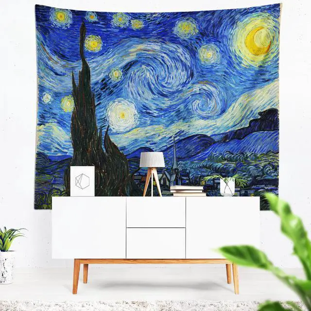 Alt view image 5 of 6 - Blacklight Tapestry Starry Night by Van Gogh Wall Art Decor for Bedroom Aesthetic, Abstract Hippie Trippy Wall Hanging UV Reactive Fabric Poster for Living Room Dorm Décor 79" x 59"