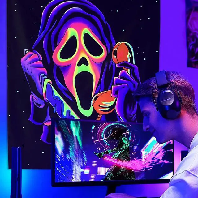 Alt view image 6 of 6 - Horror Ghost Face Blacklight Tapestry, UV Reactive Tapestries Wall Hanging, Glow in The Dark Party Backdrop Tapestry for Bedroom, Living Room, 90" x 70"