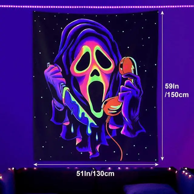 Alt view image 7 of 7 - Horror Ghost Face Blacklight Tapestry, UV Reactive Tapestries Wall Hanging, Glow in The Dark Party Backdrop Tapestry for Bedroom, Living Room, 40" x 30"