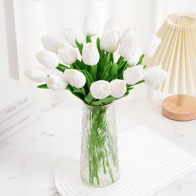 Alt view image 3 of 7 - 12 Pcs White Artificial Tulip Flowers, Silk Fake Flowers 13" for Mother's Day, Easter, Valentines Day Gifts in Bulk, Home, Kitchen, Wedding Decorations