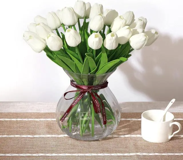 Alt view image 6 of 7 - 12 Pcs White Artificial Tulip Flowers, Silk Fake Flowers 13" for Mother's Day, Easter, Valentines Day Gifts in Bulk, Home, Kitchen, Wedding Decorations