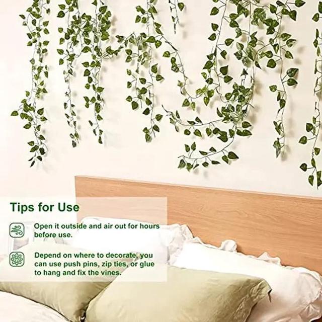Alt view image 5 of 6 - Sinsoledad 12pcs, Artificial Grape Vines Leaf, Green Leaves Plants Hanging Vine For Home Garden Wall Decor Greenery Wedding Party Outdoor Decoration
