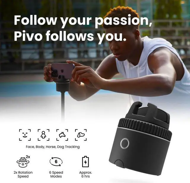 Alt view image 3 of 7 - Pivo Pod Auto Face Tracking Phone Holder, 360° Rotation, 6 Speed, Content Creator Essentials for Fitness Tracker, Live Streaming, Horse riding with Remote Control, Smart Mount, Travel Case, and Tripod