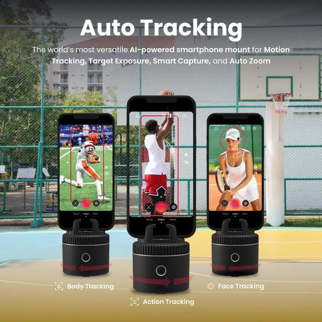 Alt view image 2 of 7 - Pivo Pod Auto Face Tracking Phone Holder, 360° Rotation, 6 Speed, Content Creator Essentials for Fitness Tracker, Live Streaming, Horse riding with Remote Control, Smart Mount, Travel Case, and Tripod