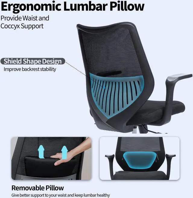 Alt view image 3 of 7 - LEBBAGE Ergonomic Office Chair, Comfy Swivel Mesh Chair Movable Cushion Lumbar Computer Chair Rolling Task Chair Support Fixed Armrests and PU Wheels Tilting & Height Adjustment Desk Chair BLACK