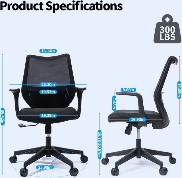 Alt view image 4 of 7 - LEBBAGE Ergonomic Office Chair, Comfy Swivel Mesh Chair Movable Cushion Lumbar Computer Chair Rolling Task Chair Support Fixed Armrests and PU Wheels Tilting & Height Adjustment Desk Chair BLACK