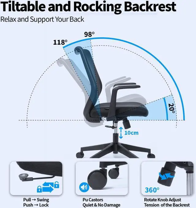 Alt view image 5 of 7 - LEBBAGE Ergonomic Office Chair, Comfy Swivel Mesh Chair Movable Cushion Lumbar Computer Chair Rolling Task Chair Support Fixed Armrests and PU Wheels Tilting & Height Adjustment Desk Chair BLACK