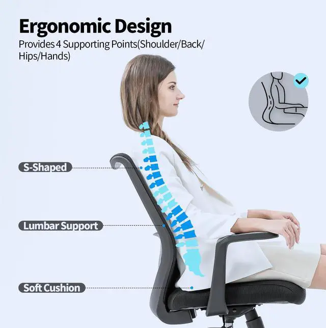Alt view image 7 of 7 - LEBBAGE Ergonomic Office Chair, Comfy Swivel Mesh Chair Movable Cushion Lumbar Computer Chair Rolling Task Chair Support Fixed Armrests and PU Wheels Tilting & Height Adjustment Desk Chair BLACK