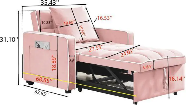 Alt view image 2 of 7 - CHAYOU 3-in-1 Chair Bed, Folding Convertible Chair Sofa Bed with Adjustable Backrest, Pull Out Sleeper Chair Bed, Modern Velvet Chair Bed (Pink)