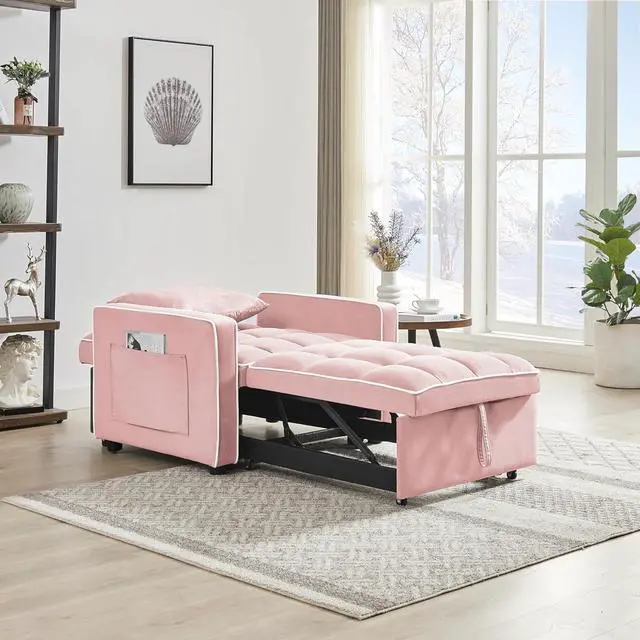 Alt view image 3 of 7 - CHAYOU 3-in-1 Chair Bed, Folding Convertible Chair Sofa Bed with Adjustable Backrest, Pull Out Sleeper Chair Bed, Modern Velvet Chair Bed (Pink)