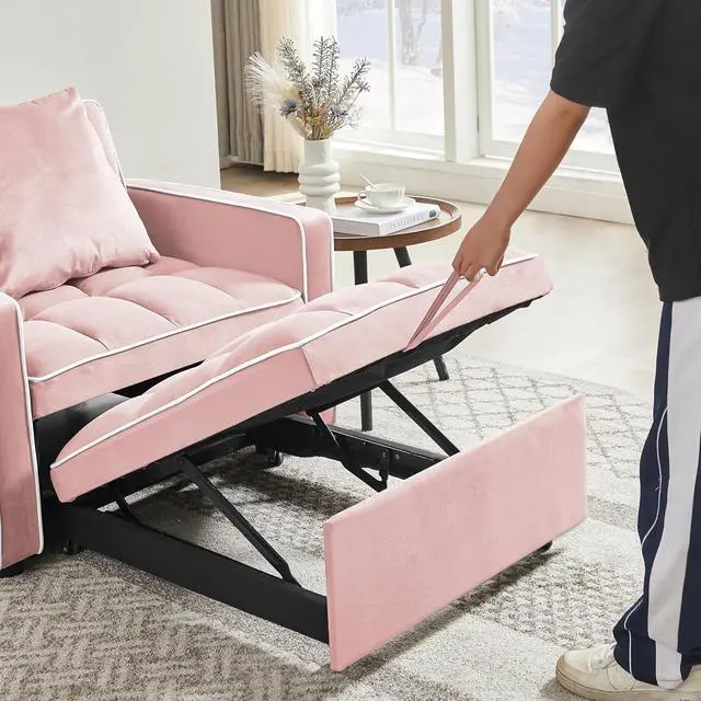 Alt view image 6 of 7 - CHAYOU 3-in-1 Chair Bed, Folding Convertible Chair Sofa Bed with Adjustable Backrest, Pull Out Sleeper Chair Bed, Modern Velvet Chair Bed (Pink)