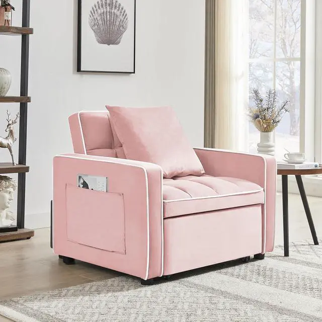 Alt view image 5 of 7 - CHAYOU 3-in-1 Chair Bed, Folding Convertible Chair Sofa Bed with Adjustable Backrest, Pull Out Sleeper Chair Bed, Modern Velvet Chair Bed (Pink)