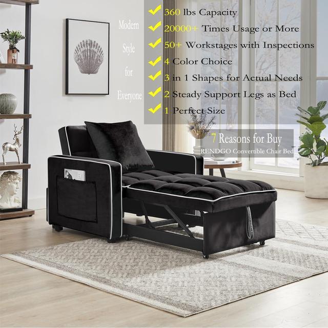 Alt view image 3 of 7 - CHAYOU 3-in-1 Chair Bed, Folding Convertible Chair Sofa Bed with Adjustable Backrest, Pull Out Sleeper Chair Bed, Modern Velvet Chair Bed (Black)