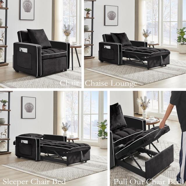 Alt view image 4 of 7 - CHAYOU 3-in-1 Chair Bed, Folding Convertible Chair Sofa Bed with Adjustable Backrest, Pull Out Sleeper Chair Bed, Modern Velvet Chair Bed (Black)