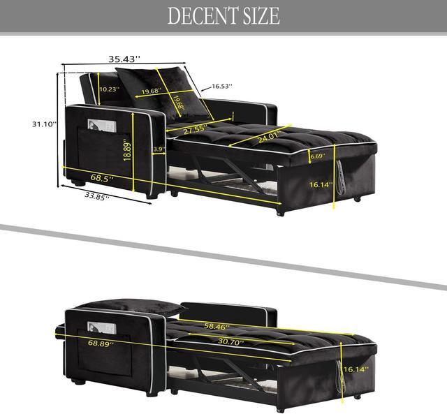 Alt view image 2 of 7 - CHAYOU 3-in-1 Chair Bed, Folding Convertible Chair Sofa Bed with Adjustable Backrest, Pull Out Sleeper Chair Bed, Modern Velvet Chair Bed (Black)