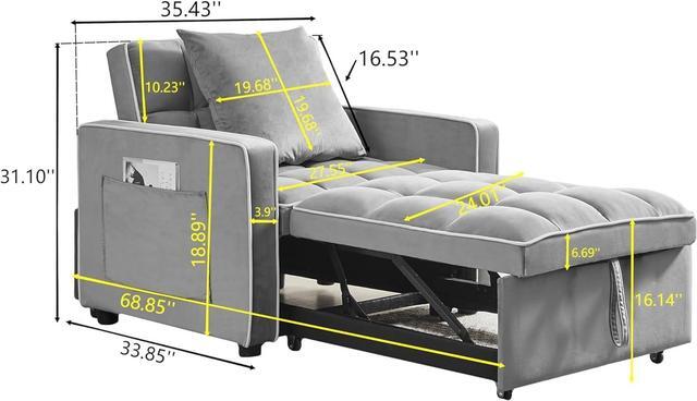 Alt view image 2 of 7 - CHAYOU 3-in-1 Chair Bed, Folding Convertible Chair Sofa Bed with Adjustable Backrest, Pull Out Sleeper Chair Bed, Modern Velvet Chair Bed (Grey)